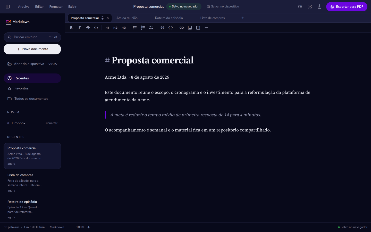 O editor com um documento aberto: barra de abas em cima, lista de documentos à esquerda e o texto na coluna central.