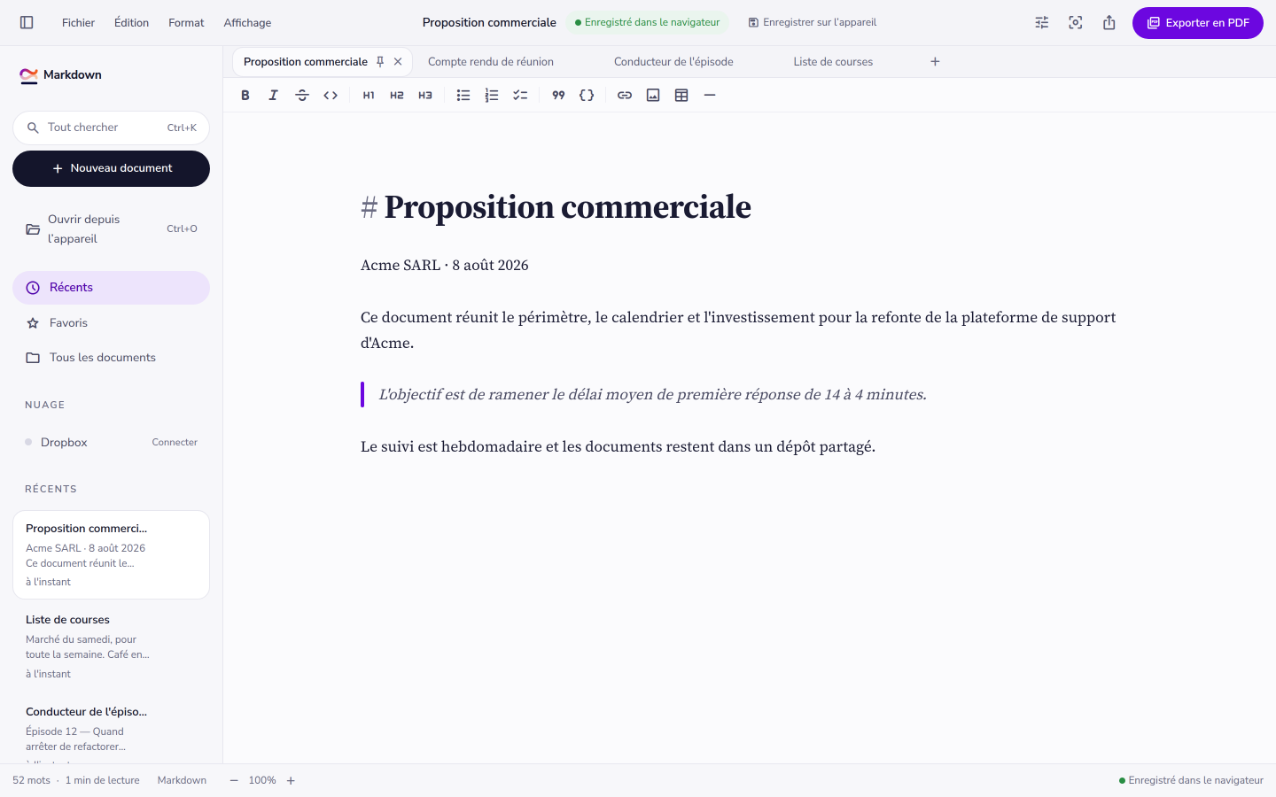 L’éditeur avec un document ouvert : barre d’onglets en haut, liste des documents à gauche et le texte dans la colonne centrale.